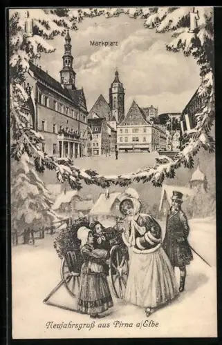 Grusskarten-AK Pirna a. Elbe, Marktplatz, Familie mit Karren
