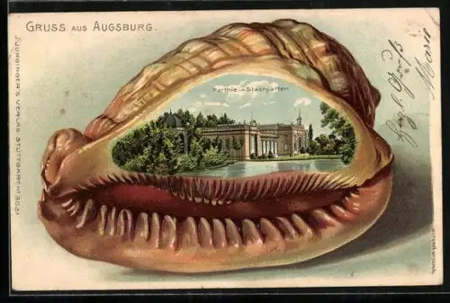 Passepartout-Präge-Lithographie Augsburg, Muschel mit Partie im Stadtgarten