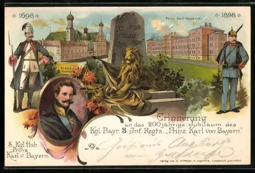 Lithographie Augsburg, Prinz Karl Kaserne, Königlich Bayerische 3. Infanterie-Regiment Prinz Karl von Bayern