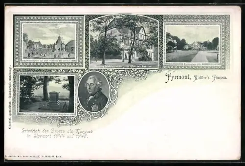 Lithographie Pyrmont, Wohnung Friedrichs d. Gr. jetzt Pension Richter, Brunnenplatz