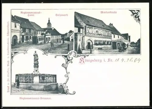 AK Königsberg i. Fr., Regiomontanus-Haus am Salzmarkt, Marienstrasse, Regiomontanus-Brunnen