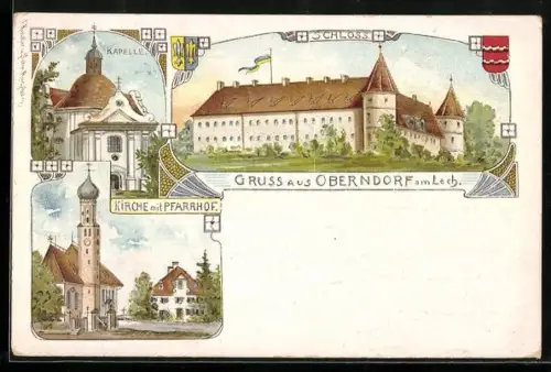 Künstler-AK Oberndorf am Lech, Schloss, Kirche mit Pfarrhof, Kapelle
