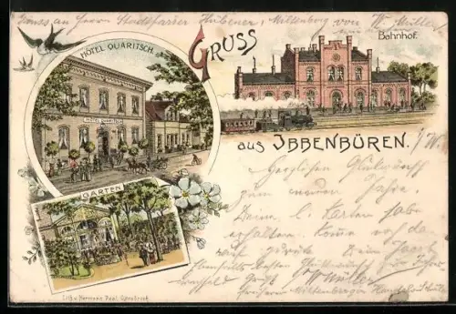 Lithographie Ibbenbüren, Hotel Quaritsch, Garten, Bahnhof
