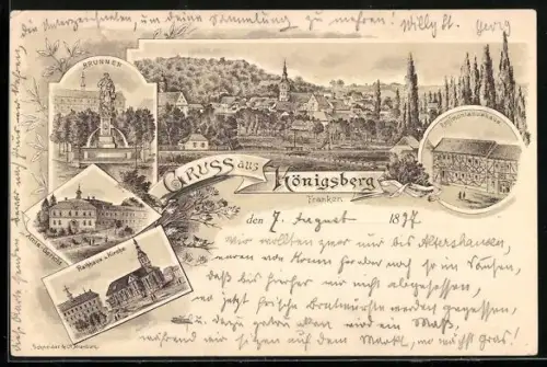 Lithographie Königsberg /Franken, Regiomontanushaus, Rathaus und Kirche, Brunnen