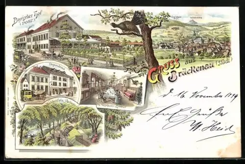 Lithographie Brückenau, Hotel Bayrischer Hof, Waldenfels Anlage