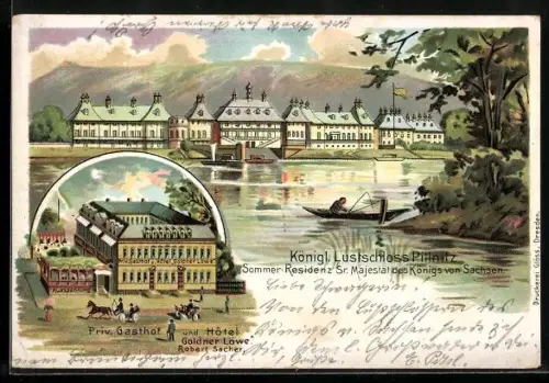 Lithographie Dresden-Pillnitz, Königl. Lustschloss, Priv. Gasthof und Hotel Goldner Löwe