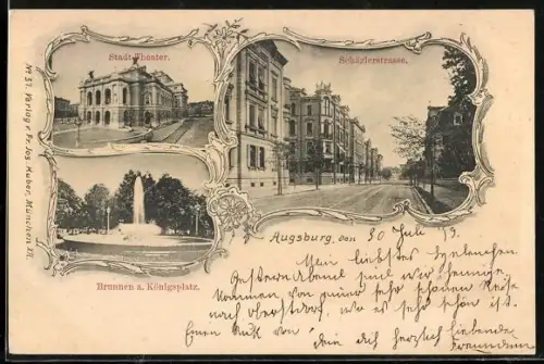 AK Augsburg, Stadt-Theater, Brunnen a. Königsplatz, Schäzlerstrasse