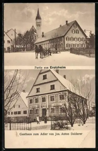 AK Erolzheim, Gasthaus zum Adler von Jos. Anton Dolderer, Partie an der Kirche im Winter