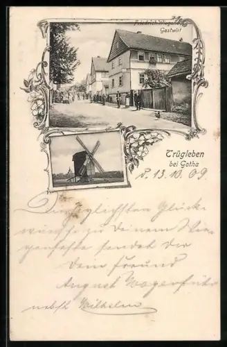 AK Trügleben bei Gotha, Strassenpartie mit Gastwirtschaft, Windmühle