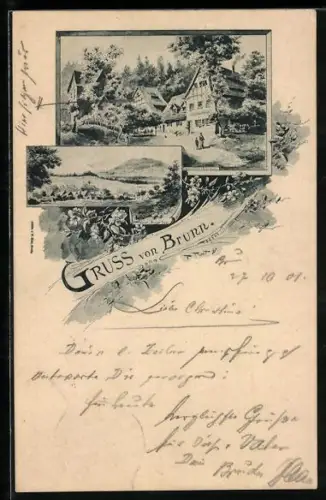 AK Brunn / Fischbach, Ortspartie mit Gastwirtschaft, Totalansicht des Ortes gegen die Anhöhen