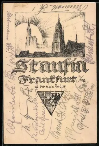 AK Frankfurt a. M., Studentenwappen der Burschenschaft Stansia, Ortspartie vor aufgehender Sonne