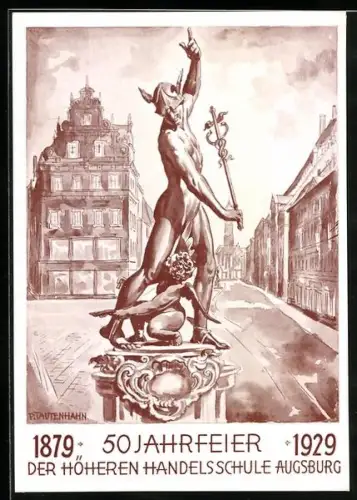 Künstler-AK Augsburg, 50 Jahrfeier 1929 der Höheren Handelsschule, Götterbote Hermes