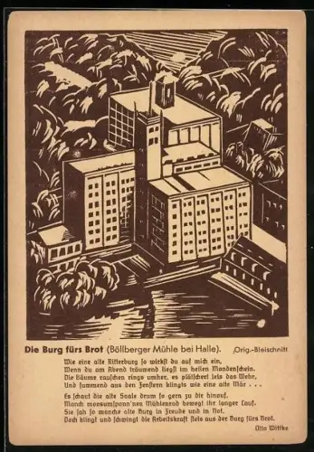 Künstler-AK Halle, Die Böllberger Mühle aus der Vogelschau