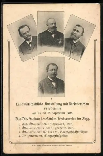 AK Chemnitz, Landwirtschaftliche Ausstellung mit Kreistierschau Chemnitz 1905, Portraits des Direktoriums