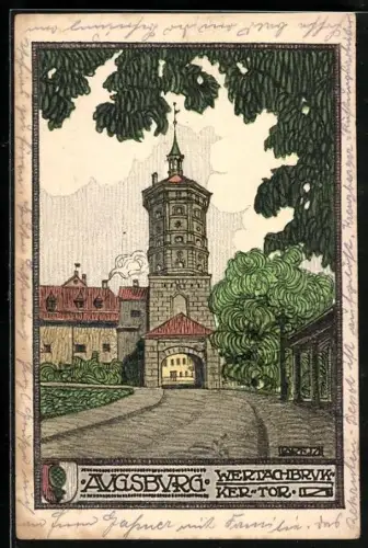 Steindruck-AK Augsburg, Ansicht vom Wertachbrucker Tor