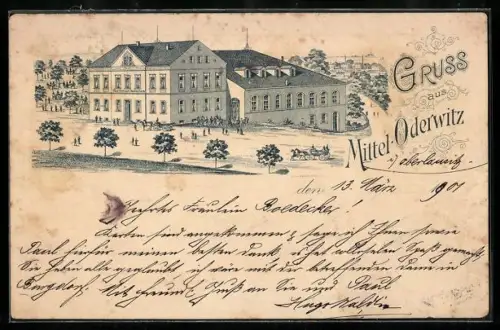Lithographie Mittel-Oderwitz, Gasthof zum Kretscham mit Strassse und Ortsblick