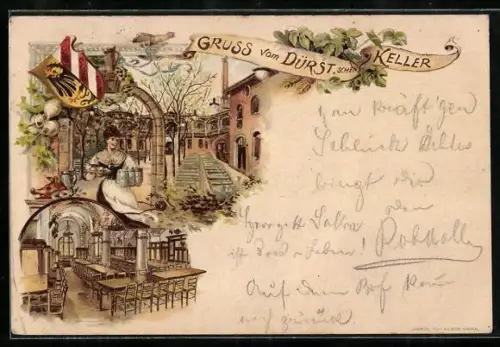Lithographie Nürnberg, Gasthof Dürstscher Keller, mit Hof, Innenansicht, Serviererin, Wappen