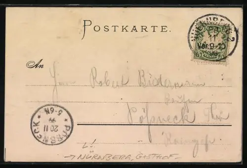 Lithographie Nürnberg, Gasthof Dürstscher Keller, mit Hof, Innenansicht, Serviererin, Wappen