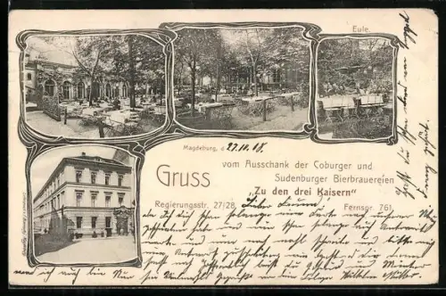 AK Magdeburg, Gasthof Zu den drei Kaisern, Regierungsstrasse 27/28, mit Gartenansichten, Eule