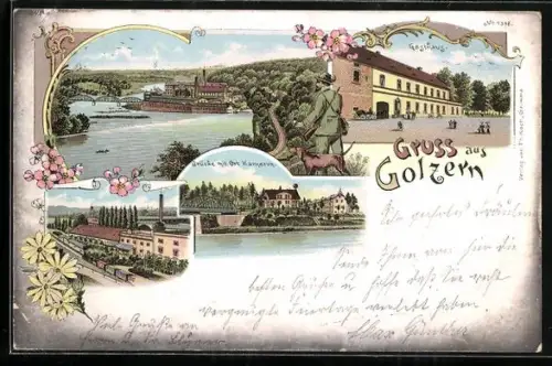 Lithographie Golzern, Brücke mit Ort Kamerun, Teilansicht mit Brücke, Gasthaus