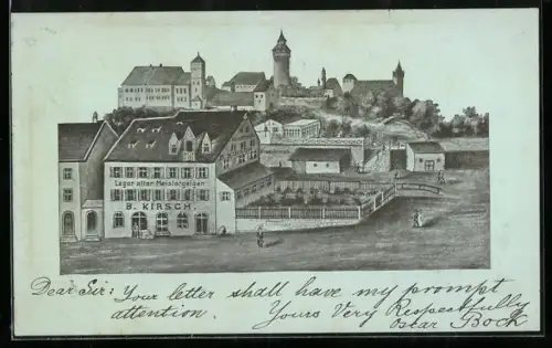 Künstler-AK Nürnberg, Teilansicht mit Burg und Geigenlager M. Kirsch, Garten