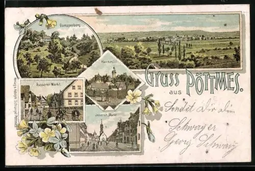 Lithographie Pöttmes, Gumppenberg, Innerer u. Äusserer Markt, Gesamtansicht