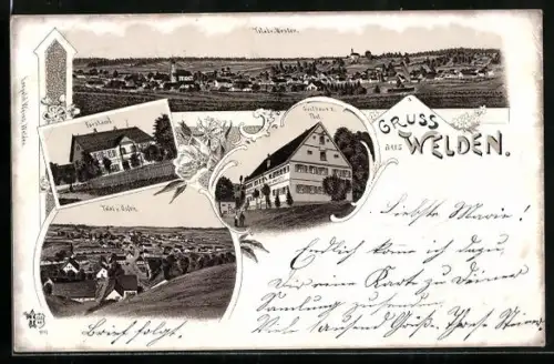 Lithographie Welden, Gasthaus zur Post, Forstamt, Totalansicht von Osten