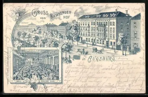 Lithographie Augsburg, Hotel Bamberger Hof A, Keckeisen mit Strasse und Bahnhof, Saal