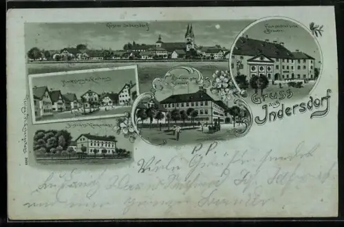 Mondschein-Lithographie Indersdorf / Dachau, Fuchsbichlersche Brauerei, Markt, Distrikts-Krankenhaus, Ortsansicht
