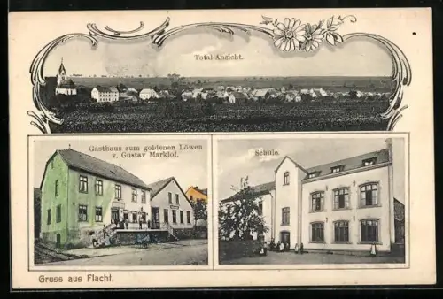 AK Flacht / Lahn, Gasthaus zum goldenen Löwen G. Marklof, Schule, Totalansicht