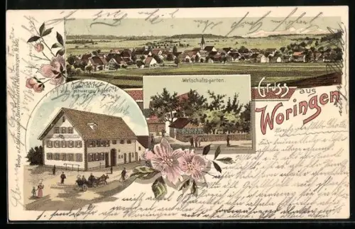 Lithographie Woringen, Gasthaus zum schwarzen Adler mit Garten, Gesamtansicht