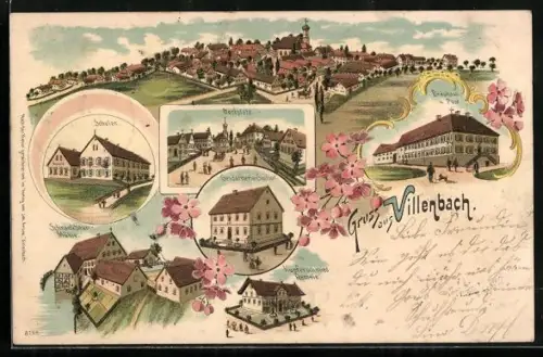 Lithographie Villenbach, Bräuhaus und Post, Gendarmerie-Station, Kupferschmied Remele, Schrankbaum-Mühle, Ortsansicht