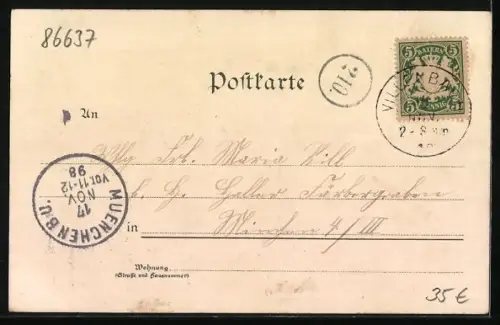 Lithographie Villenbach, Bräuhaus und Post, Gendarmerie-Station, Kupferschmied Remele, Schrankbaum-Mühle, Ortsansicht