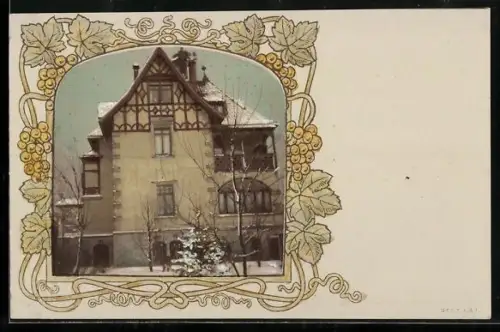 AK Dresden-Blasewitz, Haus Hochuferstrasse 13 im Winter, Ornament-Rahmen