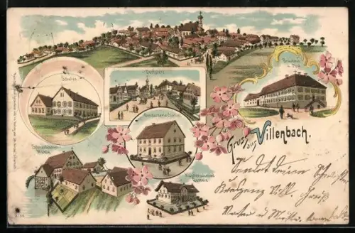 Lithographie Villenbach, Bräuhaus u. Post, Schrankbaum-Mühle, Dorplatz, Totalansicht