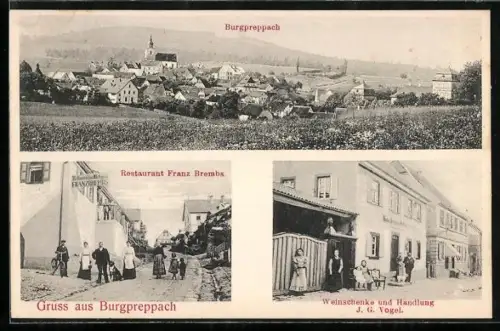 AK Burgpreppach, Restaurant F. Brembs mit Versammlung, Weinschenke u. Handlung J. G. Vogel, Gesamtansicht