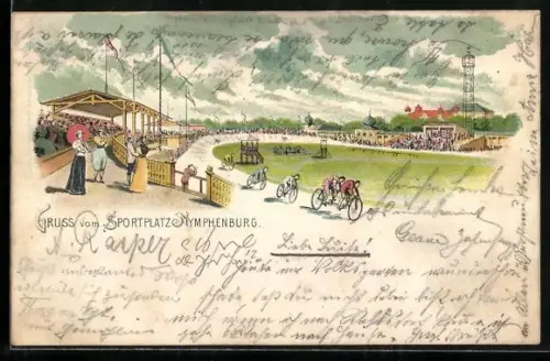 Lithographie München-Nymphenburg, Sport-Stadion, Radrennen mit Publikum, Tribüne, Turm, Panorama