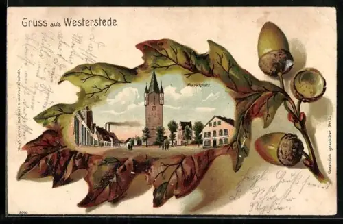 Passepartout-Lithographie Westerstede, Marktplatz mit Turm im Eichenblatt