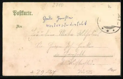 Passepartout-Lithographie Westerstede, Marktplatz mit Turm im Eichenblatt