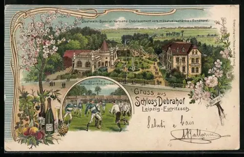 Lithographie Leipzig-Eutritzsch, Sportpark des Fussball-Club FC Wacker, Gasthaus Schloss Debrahof Obstweinschänke