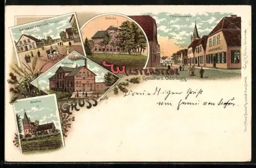 Lithographie Westerstede /Oldenburg, Molkerei, Langestrasse Pumpenhörn, Strassenpartie mit Apotheke