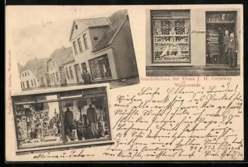 AK Westerstede, Geschäftshaus Firma J. H. Coldewey mit Verkäufern, Schaufenster