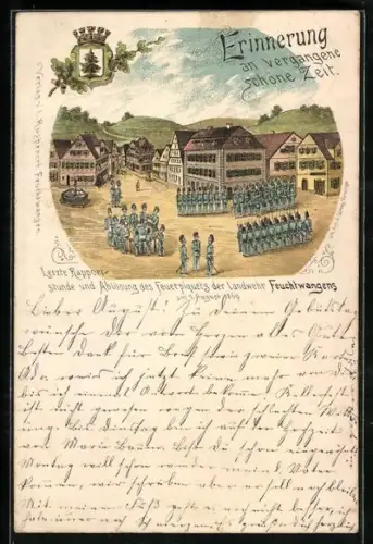 Lithographie Feuchtwangen Feuerpiquet der Landwehr, Letzte Rapportstunde u. Ablösung, Wappen