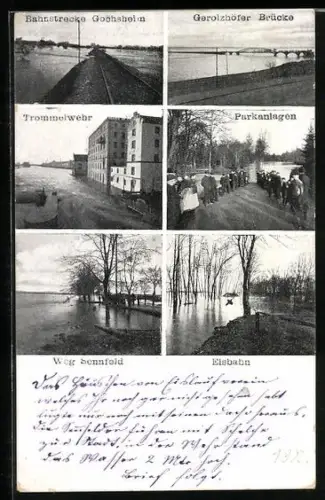 AK Schweinfurt, Hochwasser-Katastrophe 1909, Bahnstrecke Gochsheim, Parkanlagen mit Einwohnern, Weg Sennfeld, Eisbahbn