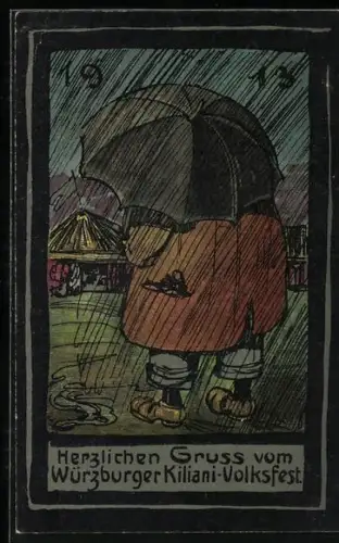 Künstler-AK Würzburg, Kiliani-Volksfest 1913, Festplatz-Besucher mit Schirm bei strömendem Regen, Festpostkarte