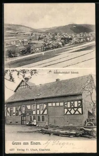 AK Eisern, Gasthaus Schenkwirtschaft Schmidt mit kleiner Versammlung, Gesamtansicht