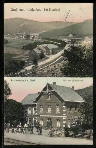 AK Kohlenbach bei Eiserfeld, Restaurant Karl Roth mit Radfahrern, Ortsansicht
