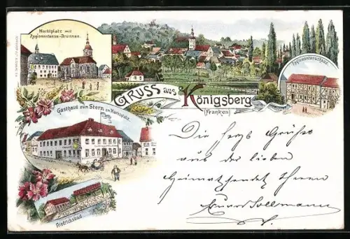 Lithographie Königsberg /Franken, Marktplatz mit Brunnen, Gasthaus zum Stern, Regimentanushaus