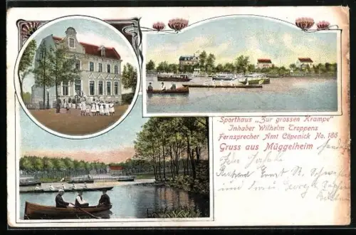 AK Berlin-Müggelheim, Sporthaus Zur grossen Krampe, Inh. Wilhelm Troppens, Dampferanleger, Ruderboote