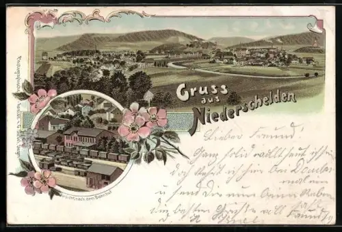 Lithographie Niederschelden, Gesamtansicht, Bahnhof